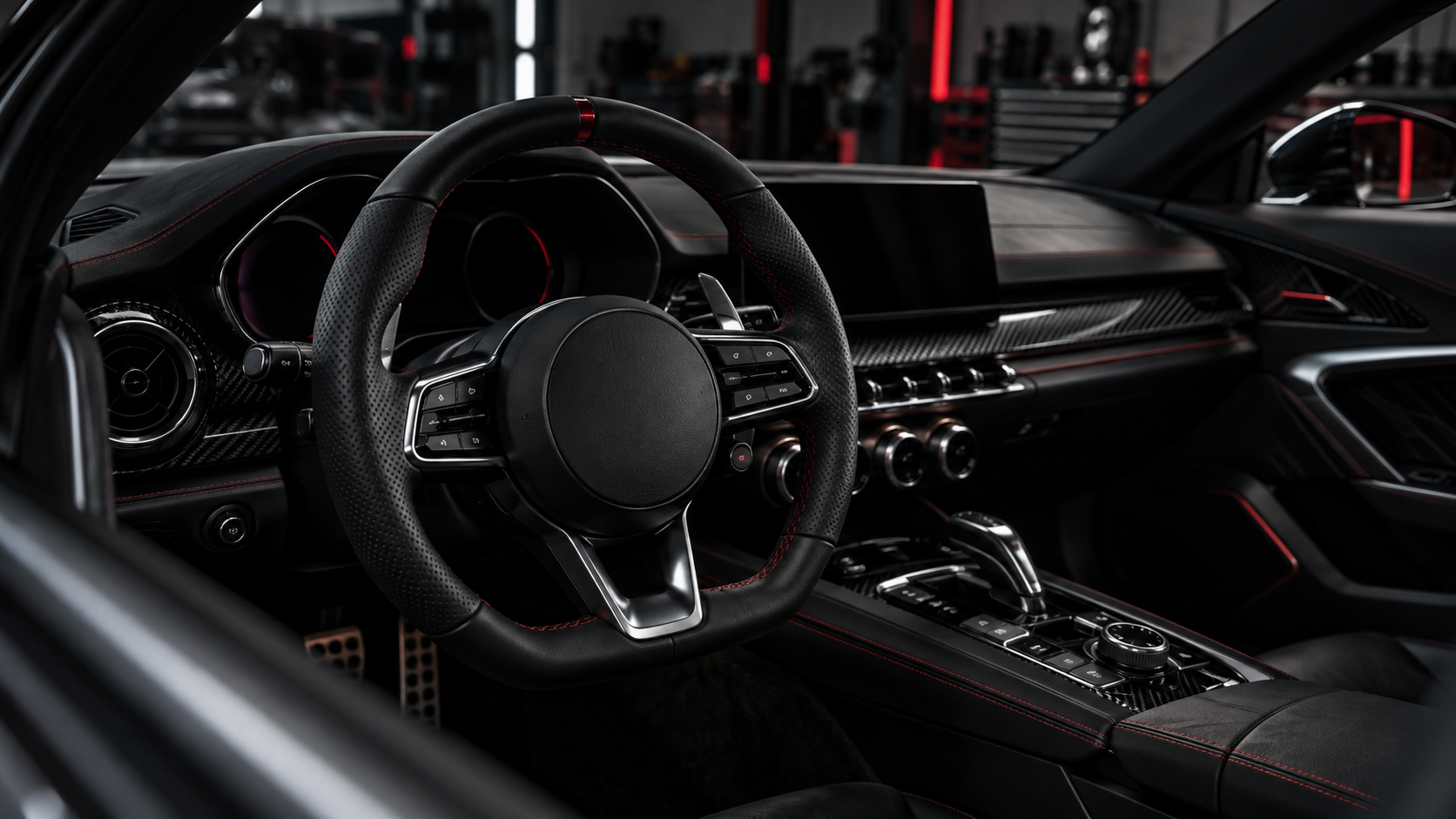 Detalhe conceitual de um cockpit automotivo premium